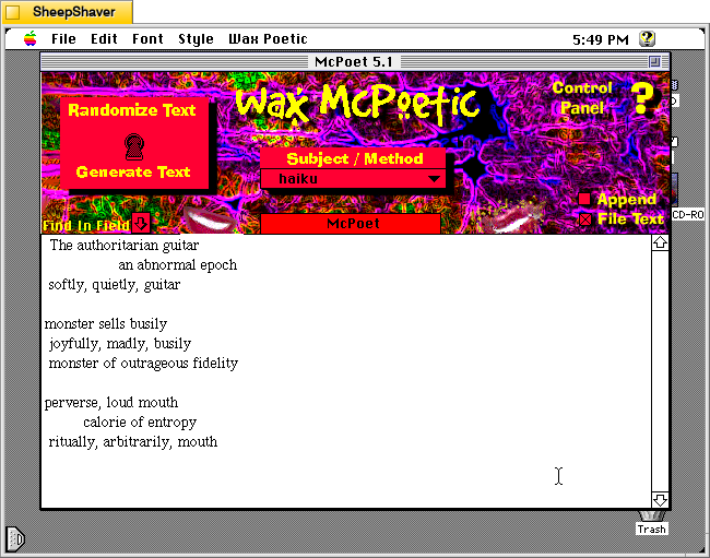 McPoet 5.1 for Macintosh, 3 generated haikus