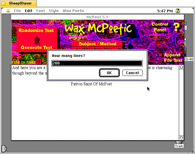 McPoet 5.1 for Macintosh, after clicking "Do it" from the Wax Poetic menu, the application prompts the user for the desired number of lines of text to generate.