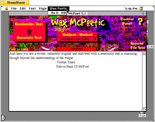 McPoet 5.1 for Macintosh, Wax Poetic menu