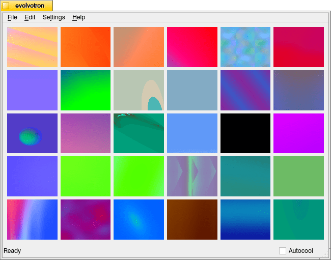Evolvotron main window on Debian 12 xfce with Haiku-Alpha window theme.