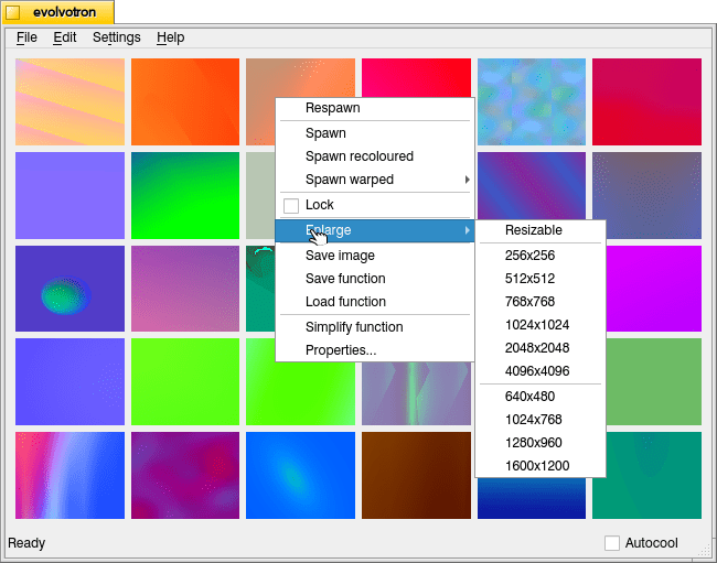 Evolvotron main window with right-click menu > Enlarge on Debian 12 xfce with Haiku-Alpha window theme.
