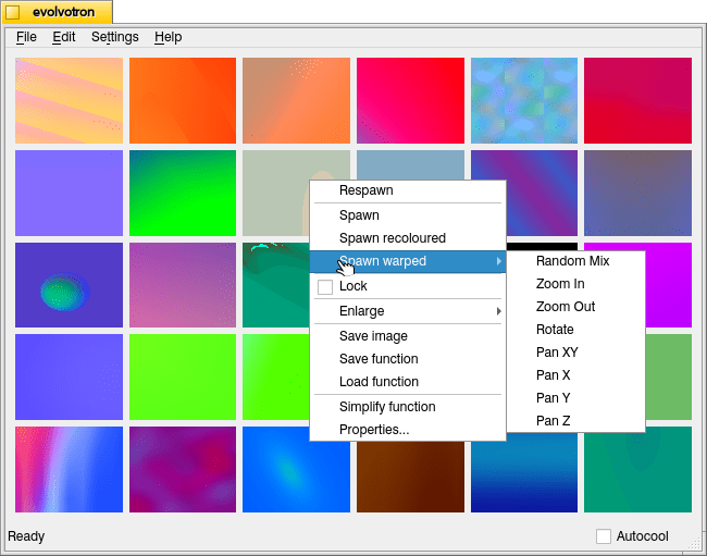 Evolvotron main window with right-click menu > Spawn warped on Debian 12 xfce with Haiku-Alpha window theme.