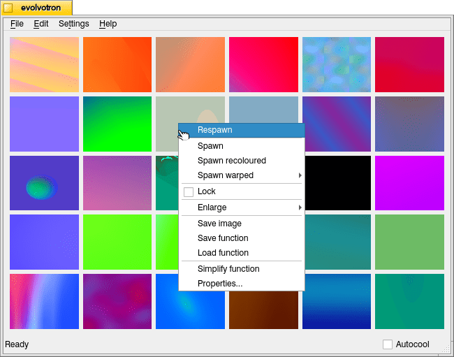 Evolvotron main window, right-click menu activated on an image on Debian 12 xfce with Haiku-Alpha window theme.