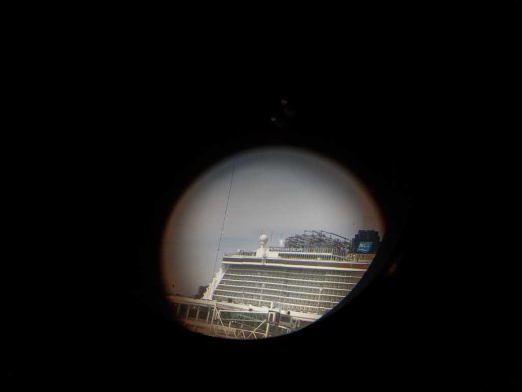 USS Growler (SSG-577), Cold War-era Cruise Missile Submarine Docked Next to Intrepid Museum, March 2019, Periscope view of the cruise ship docked at the next pier