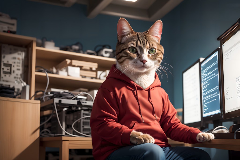 Anthropomorphic Cat Wearing a Hoodie and Working on Computers Made with Stable Diffusion.