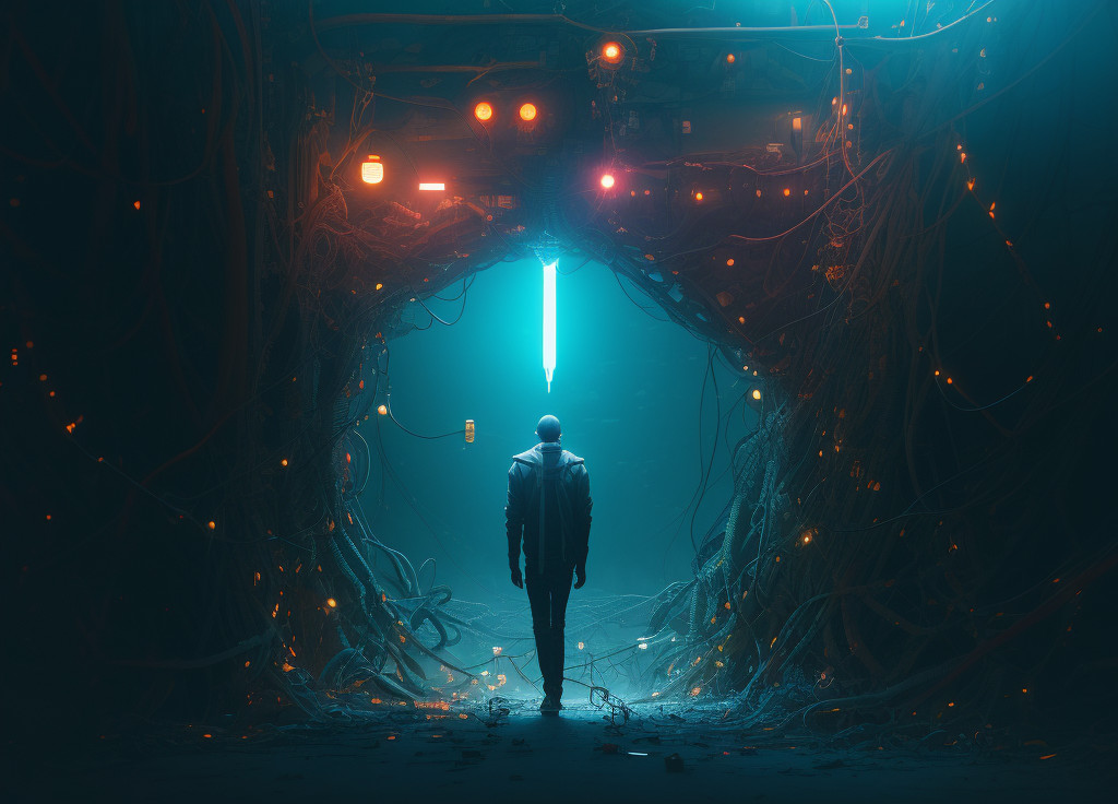 Cyberpunk Cave of Wires and Light Image Created with Stable Diffusion.