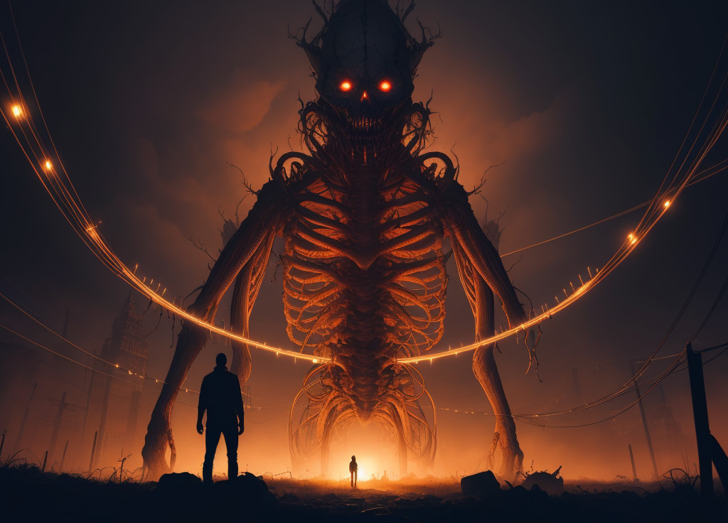 A skeletal being with glowing eyes towers over a man in the foreground. Made with Stable Diffusion.
