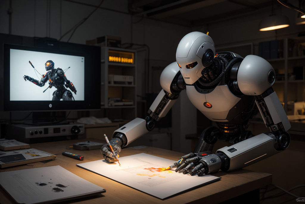 A robot drawing a picture with pencil and markers. Image created with Stable Diffusion.