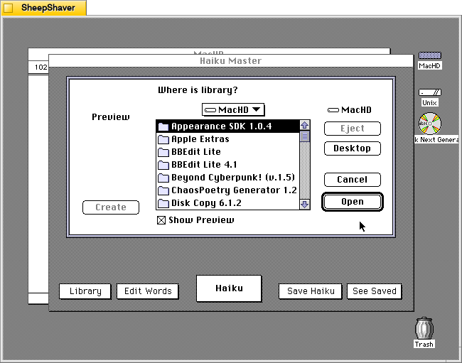 Haiku Master prompting to open library on Macintosh System 7.5.5 system emulated in SheepShaver.