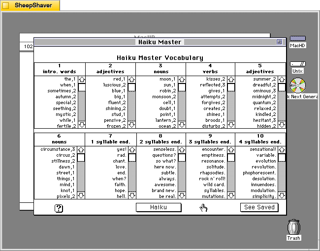 Haiku Master Edit Words screen on Macintosh System 7.5.5 system emulated in SheepShaver.