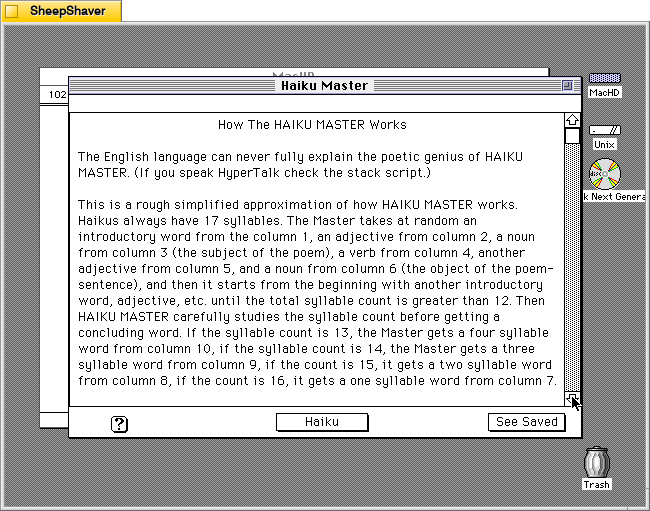 Haiku Master's "How the HAIKU MASTER Works" screen on Macintosh System 7.5.5 system emulated in SheepShaver.