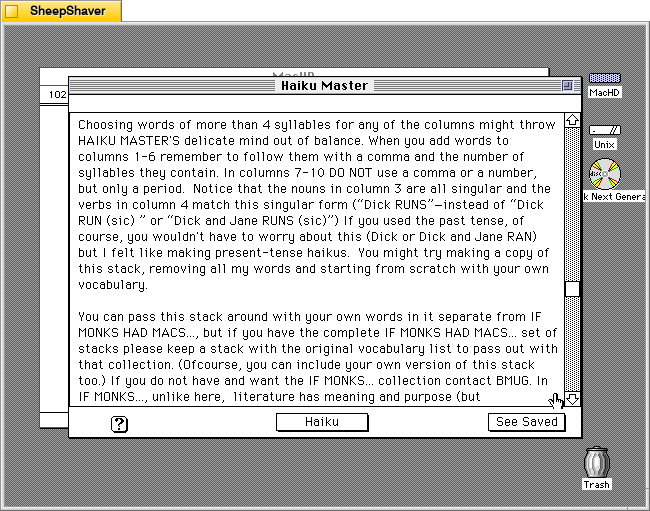 Haiku Master's "How the HAIKU MASTER Works" screen on Macintosh System 7.5.5 system emulated in SheepShaver.