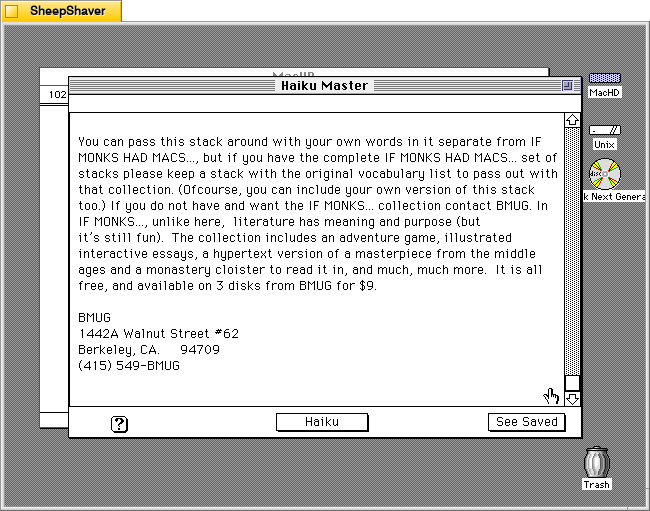 Haiku Master's "How the HAIKU MASTER Works" screen on Macintosh System 7.5.5 system emulated in SheepShaver.