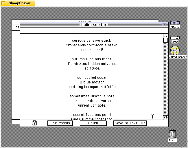 Haiku Master saved haikus screen on Macintosh System 7.5.5 system emulated in SheepShaver.