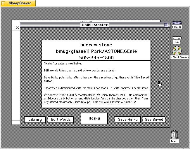 Haiku Master about screen on Macintosh System 7.5.5 system emulated in SheepShaver.