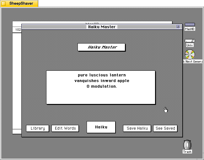 Haiku Master main screen on Macintosh System 7.5.5 system emulated in SheepShaver.