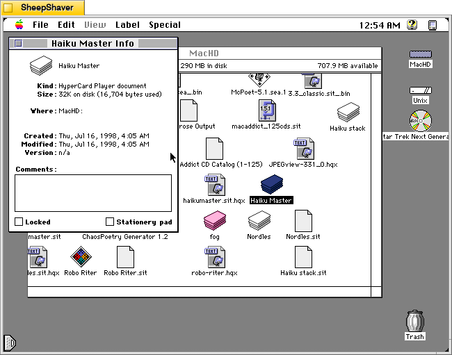 Haiku Master Hypercard stack Get Info window Macintosh System 7.5.5 system emulated in SheepShaver.