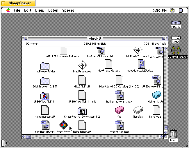 Robo Riter application icon on Macintosh System 7.5.5 system emulated in SheepShaver.