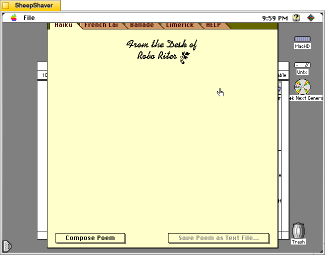 Robo Riter main application window on the Haiku tab on Macintosh System 7.5.5 system emulated in SheepShaver.