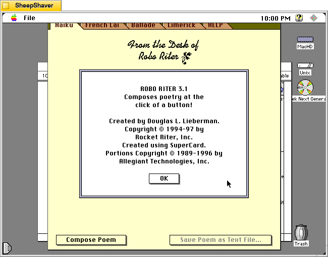 Robo Riter's About Robo Riter window on Macintosh System 7.5.5 system emulated in SheepShaver.