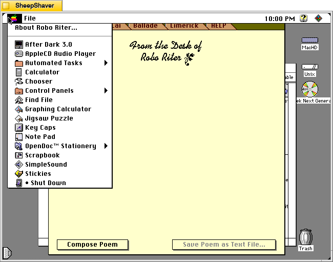 Robo Riter Apple menu > About Robo Riter on Macintosh System 7.5.5 system emulated in SheepShaver.