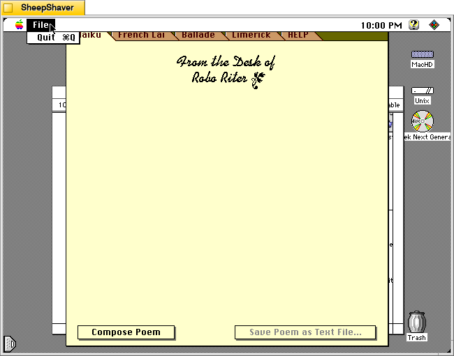 Robo Riter's File menu on Macintosh System 7.5.5 system emulated in SheepShaver.