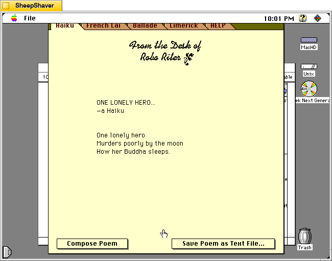 Robo Riter generated haiku on Macintosh System 7.5.5 system emulated in SheepShaver.
