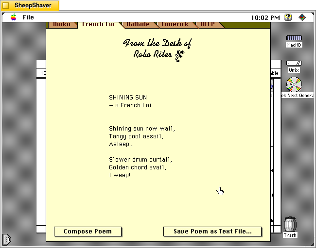 Robo Riter generated French Lai on Macintosh System 7.5.5 system emulated in SheepShaver.