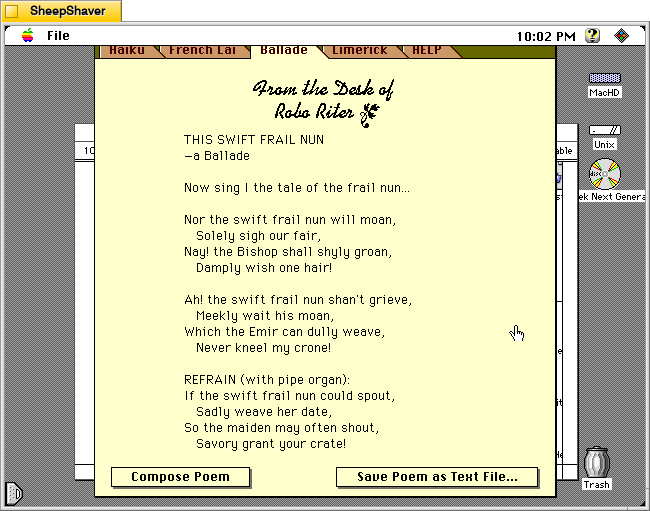 Robo Riter generated ballade on Macintosh System 7.5.5 system emulated in SheepShaver.