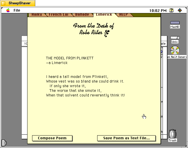 Robo Riter generated limerick on Macintosh System 7.5.5 system emulated in SheepShaver.