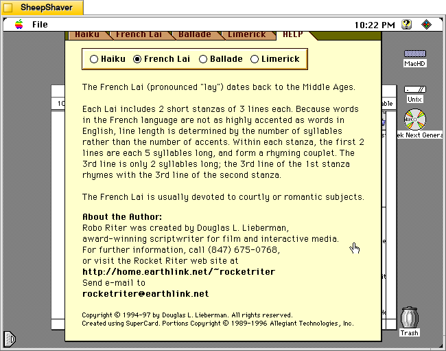 Robo Riter's Help tab > French Lai on Macintosh System 7.5.5 system emulated in SheepShaver.