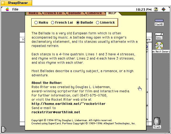 Robo Riter's Help tab > Ballade on Macintosh System 7.5.5 system emulated in SheepShaver.
