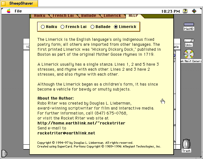 Robo Riter's Help tab > Limerick on Macintosh System 7.5.5 system emulated in SheepShaver.