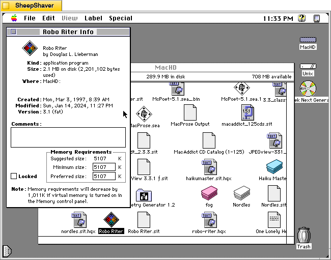 Robo Riter application Get Info window Macintosh System 7.5.5 system emulated in SheepShaver.