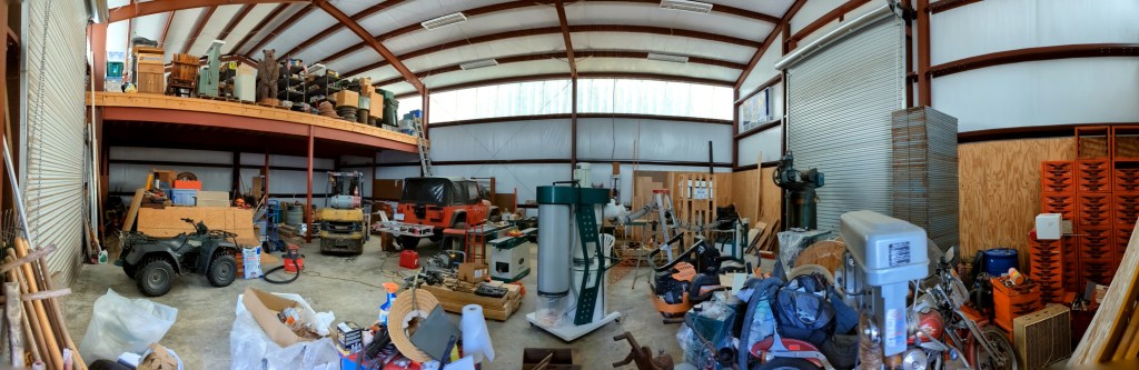 Shop panorama with Grizzly dust collector in the center.