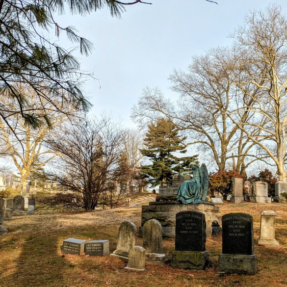 Benjamin Franklin Romain memorial with bronze angel statue in repose. In Green-Wood Cemetery, Brooklyn, New York.