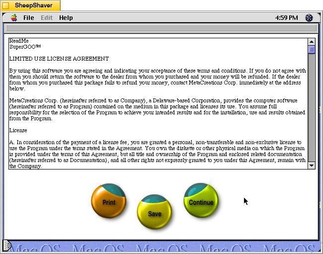 Kai's SuperGOO 1.0 installer license agreement on MacOS 8.1.