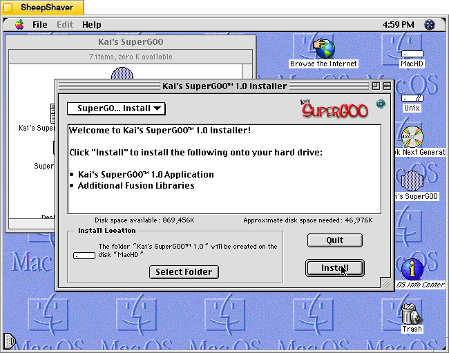 Kai's SuperGOO 1.0 installer window on MacOS 8.1.