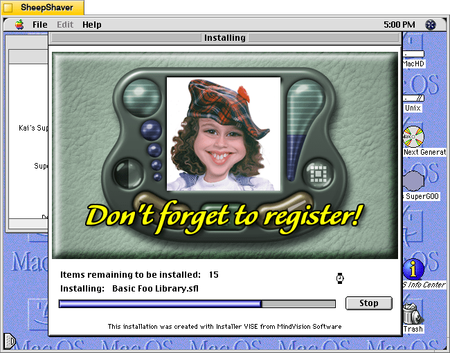 Kai's SuperGOO 1.0 installer progress window on MacOS 8.1.