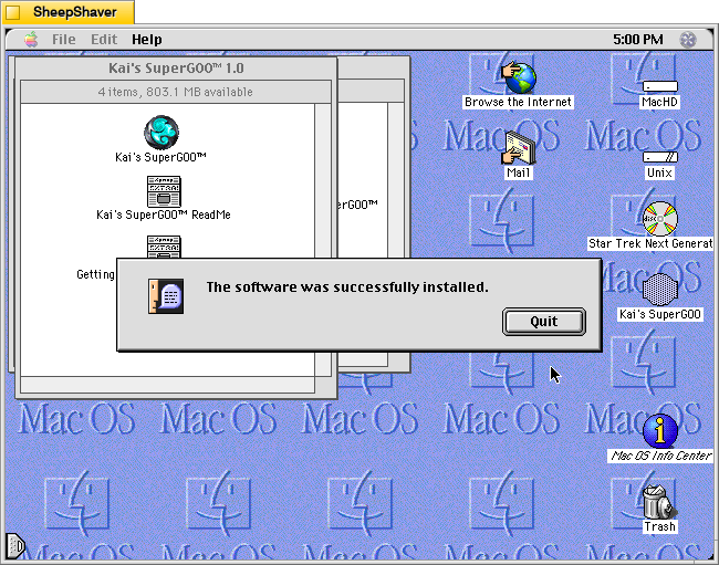 Kai's SuperGOO 1.0 installation completed window on MacOS 8.1.