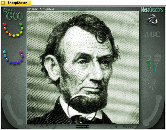 Kai's SuperGOO 1.0 main screen opens with an image of Abraham Lincoln that can be manipulated on MacOS 8.1.