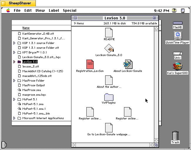 Lexikon-Sonate 3.0 application folder on Macintosh System 7.5.5 system emulated in SheepShaver.
