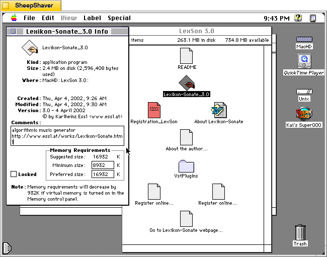 Lexikon-Sonate 3.0 application info window on Macintosh System 7.5.5 system emulated in SheepShaver.