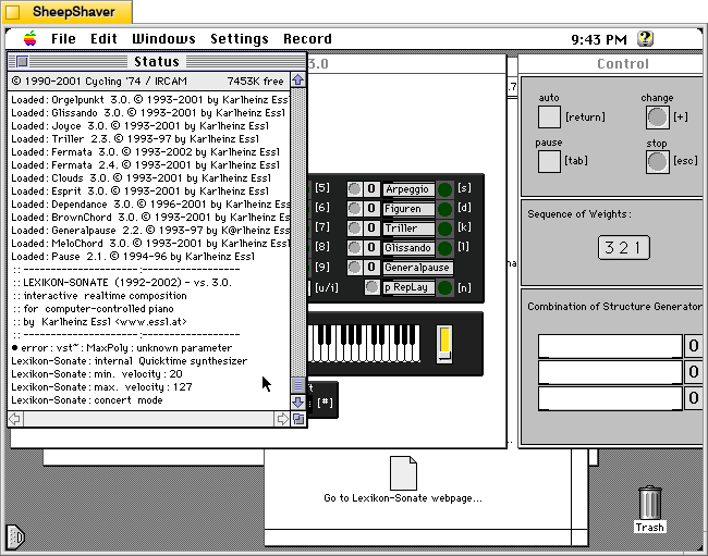 Lexikon-Sonate 3.0 application Status window on Macintosh System 7.5.5 system emulated in SheepShaver.