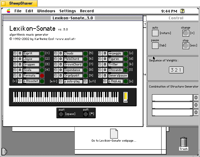 Lexikon-Sonate 3.0 application main window and Control window on Macintosh System 7.5.5 system emulated in SheepShaver.