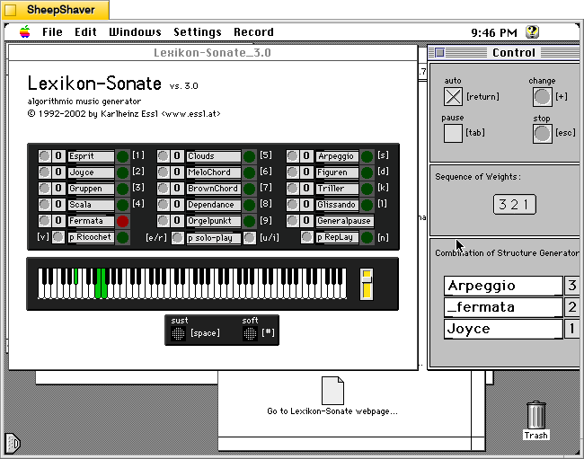 Lexikon-Sonate 3.0 is in auto mode selecting modules and playing notes on the keyboard Macintosh System 7.5.5 system emulated in SheepShaver.