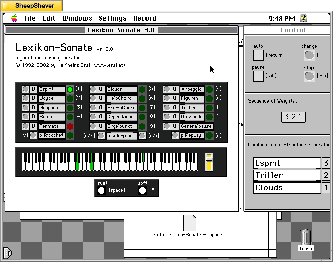 Lexikon-Sonate 3.0 three modules selected are playing notes on the keyboard on Macintosh System 7.5.5 system emulated in SheepShaver.