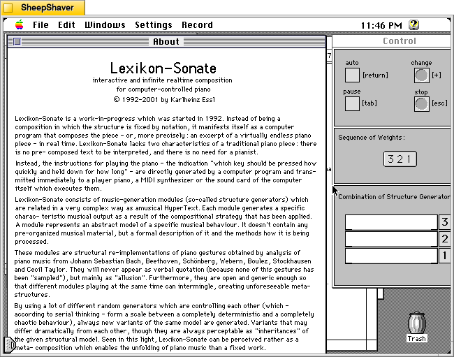 Lexikon-Sonate 3.0's About window on Macintosh System 7.5.5 system emulated in SheepShaver.
