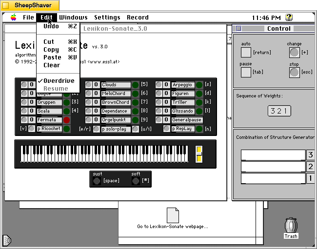 Lexikon-Sonate 3.0 > Edit menu on Macintosh System 7.5.5 system emulated in SheepShaver.