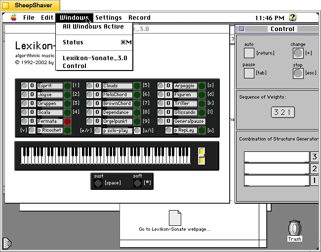 Lexikon-Sonate 3.0 > Windows menu on Macintosh System 7.5.5 system emulated in SheepShaver.